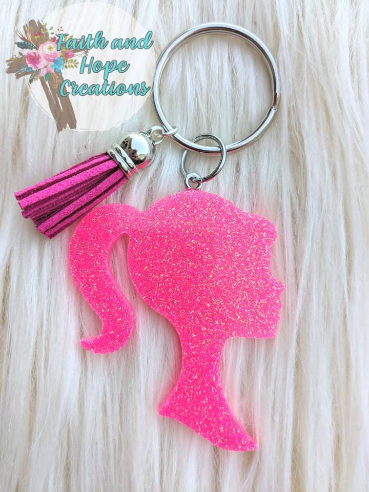 Pink Barbie glitter keychain Etsy