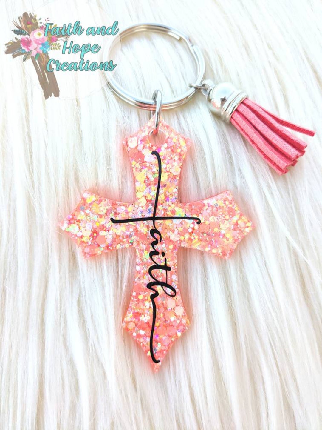 Coral Faith Cross Keychain - Etsy