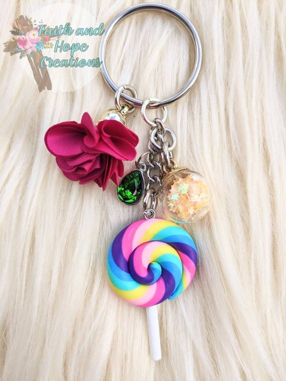Kawaii Candy Lollipop Keychain, Rose Gold Key Ring, Gift for Her