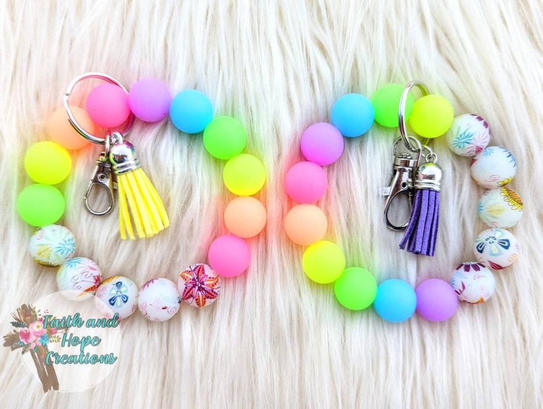 Beaded Glow in the Dark Floral Keychain Bracelet Keychain Etsy
