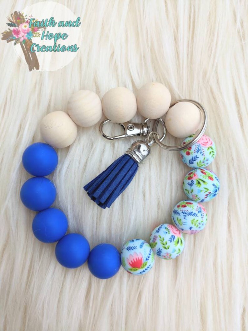 Beaded Floral Print Keychain Bracelet Etsy
