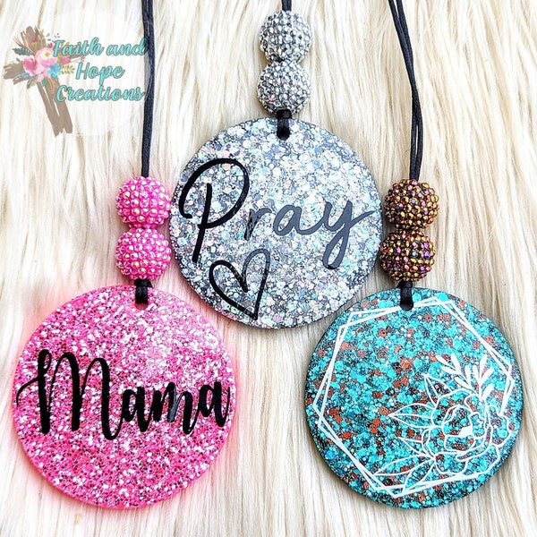 Glitter resin rearview mirror sun catcher, car charm, mama charm, pray charm, floral charm