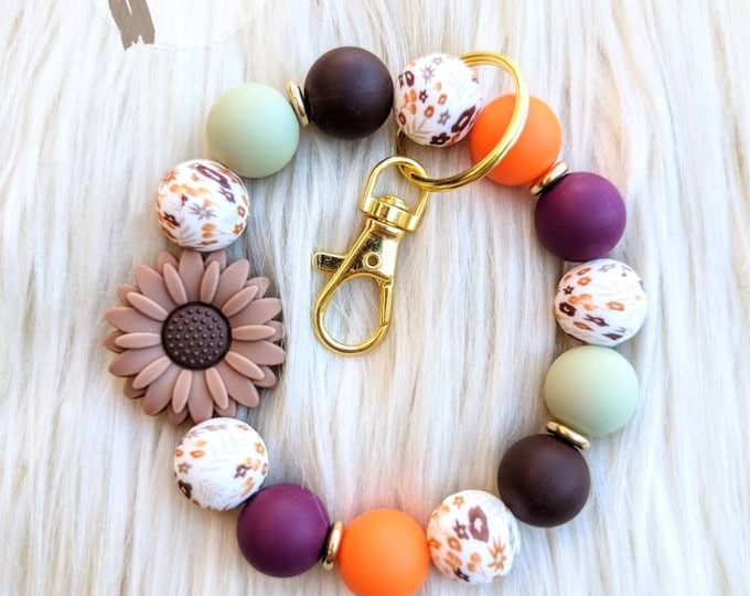 Beaded Fall Flower Keychain Bracelet, Keychain Wristlet, Keychain for ...