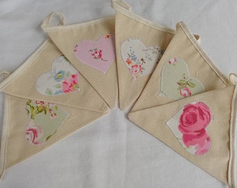 Handmade Calico Fabric Bunting with Heart Appliques with Vintage Cath Kidston Cotton Florals in Sage and Pinks