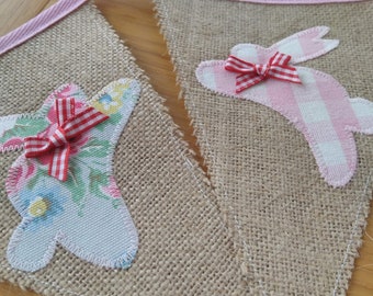 Handmade Hessian Burlap Easter Bunting with Rabbits Bunny Appliques in Cath Kidston Floral and Laura Ashley Gingham Fabric