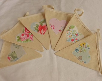 Handmade Calico Fabric Bunting with Heart Appliques with Vintage Cath Kidston Cotton Florals in Blues and Pinks