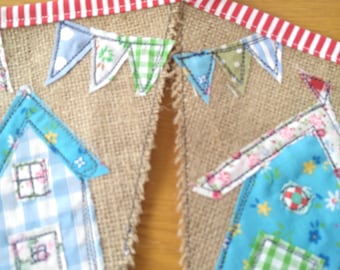 Handmade Nautical Seaside Hessian Bunting with Beach Hut Appliques in Stripes, Spots and Florals