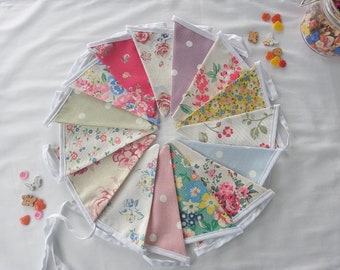 Handmade Fabric Bunting with Vintage Cath Kidston and Clarke & Clarke Floral, Rose, Rosebud and Polka Dot fabrics in Greens, Pinks and Blues