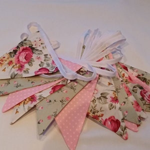 Handmade Fabric Bunting in Floral, Rosebud and Dots in shades of Creams, Greens and Pinks from Rose and Hubble Garden Party Wedding