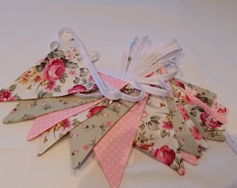 Handmade Fabric Bunting in Floral, Rosebud and Dots in shades of Creams, Greens and Pinks from Rose and Hubble Garden Party Wedding