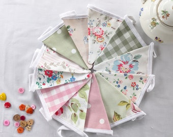 Handmade Mini Vintage Cottage Garden Bunting in Floral, Gingham and Dotty Fabrics from Cath Kidston, Laura Ashley and Clarke & Clarke.