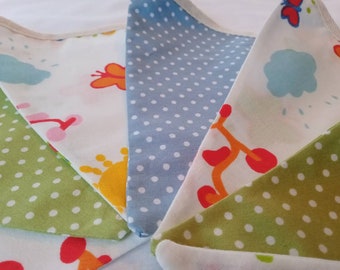 Handmade Children's Nursery Play Bunting with Vintage IKEA Butterfly, Cars Sun Fabric with Polka Dots in Green, Red and Pink Fabrics