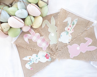 Hessian Burlap Easter Bunting with Rabbits Bunny Appliques in Cath Kidston Cotton Fabric