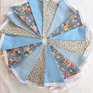 Handmade Summer Fabric Bunting Floral, Rosebud and Dots in shades of Blues, Creams and Greens from Rose & Hubble, Garden Party Wedding
