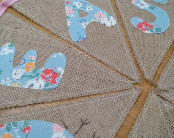 Handmade Easter Hessian Bunting with Easter Chicks Appliqués in Cath Kidston Blue Floral Fabric