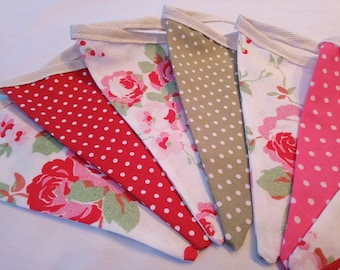 Handmade summer Garden Wedding Party Bunting with Cath Kidston Rosali Rose and Polka Dots in Green, Red and Pink Fabrics