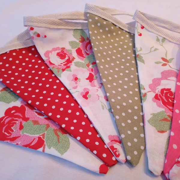 Handmade summer Garden Wedding Party Bunting with Cath Kidston Rosali Rose and Polka Dots in Green, Red and Pink Fabrics