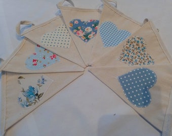 Handmade Calico Fabric Bunting with Heart Appliques with Rose and Hubble Florals and Dotty Fabrics in Blues and Pinks