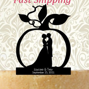 Coordinating Silhouette Romantic Couple In Fall Pumpkin Personalized Wedding Cake Topper-Ring Box-Wood Slice Wedding Ornament