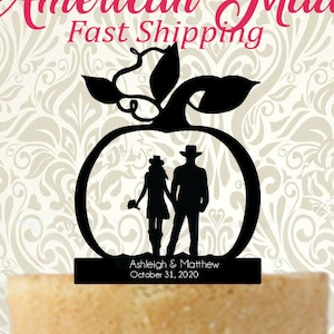 Coordinating Silhouette Western Couple In Fall Pumpkin Personalized Wedding Cake Topper-Ring Box-Wood Slice Wedding Ornament