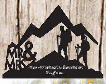 Mr & Mrs Silhouette Mountain Hiker Couple Our Greatest Adventure Begins Wedding Cake Topper.....Made In USA