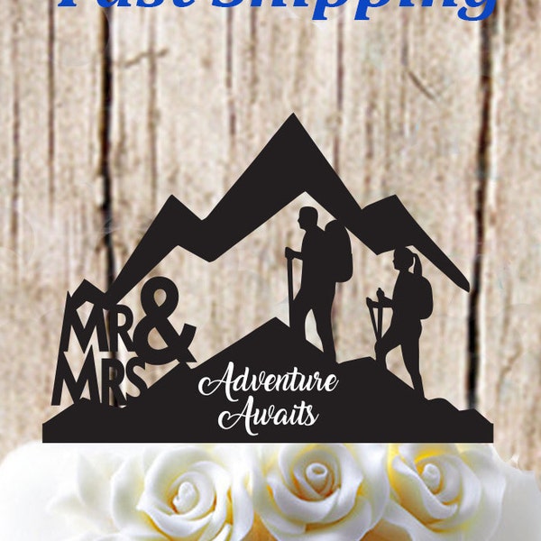 Mr & Mrs Silhouette Mountain Hiker Couple Adventure Awaits Wedding Cake Topper.....Made In USA