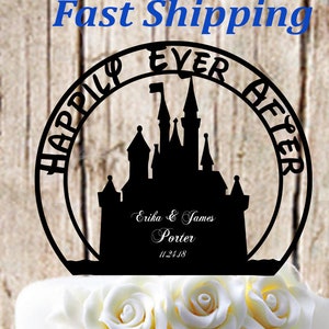 Happily Ever After Princess Castle Wedding Cake Topper - Personalized with First Names Last Name and Event Date - with Optional Ring Box