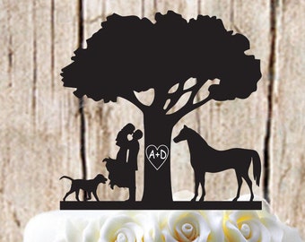 Personalized Silhouette Couple with Horse, Tree, Pet, & Engraved Heart with Initials - Family Tree - Wedding Cake Topper - Personalized Gift