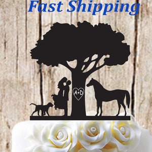 Personalized Silhouette Couple with Horse, Tree, Pet, & Engraved Heart with Initials - Family Tree - Wedding Cake Topper - Personalized Gift