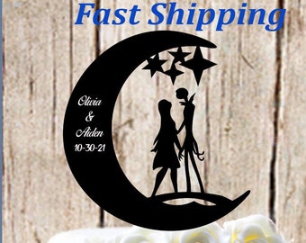 Jack and Sally In The Moon Under the Stars Silhouette Couple First Names and Date Personalized Wedding Cake Topper