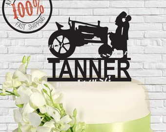 Silhouette Couple With Farm Tractor Last Name Surname Wedding Cake Made in USA