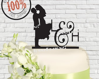 Silhouette Couple with Initials Wedding Cake Topper Made in USA