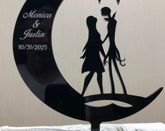 Jack and Sally In The Moon Under the Stars Silhouette Couple First Names and Date Personalized Wedding Cake Topper
