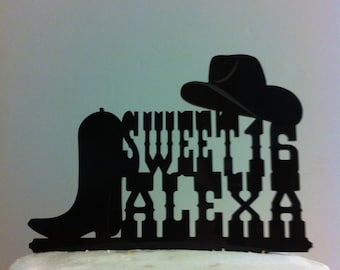 Sweet 16/Quinceanera Country & Western Font Hat And Boot Custom First Name Birthday Cake Topper  MADE In USA…..Ships from USA