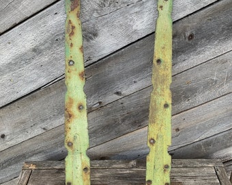 Huge strap hinges green chippy paint barn 24” long metal vintage salvage hardware painted rusty patina