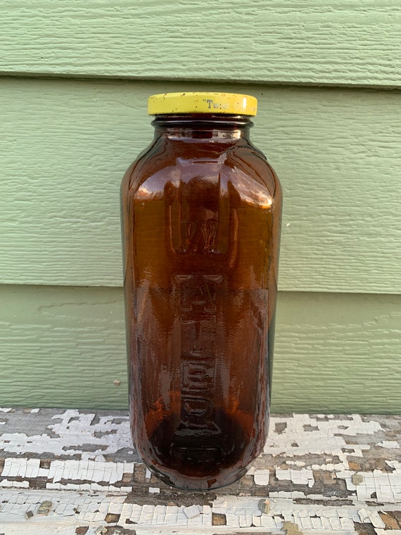 Water Bottle Brown Vintage Juice Glass Tall Square Embossed Fall