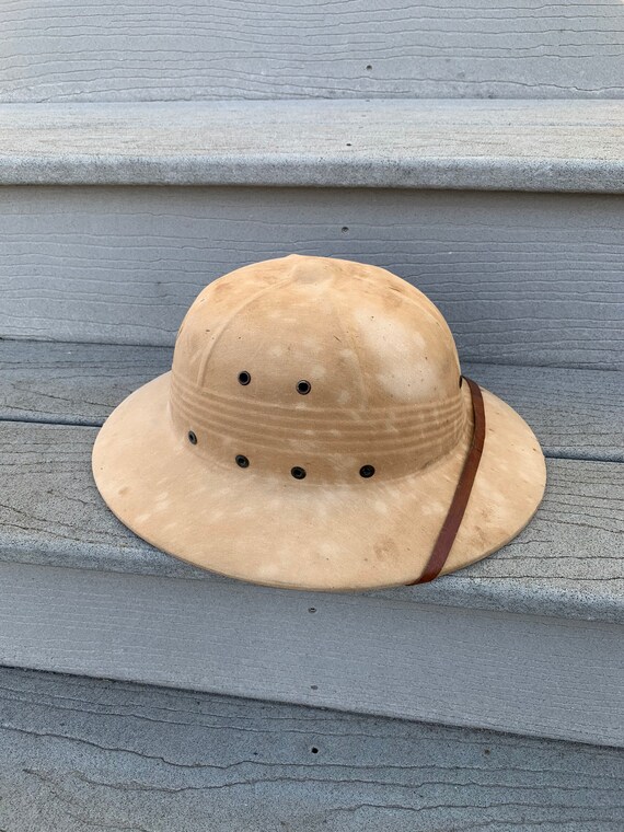 Safari Hat Tan Canvas Vintage Leather Strap Desert Explorer Helmet