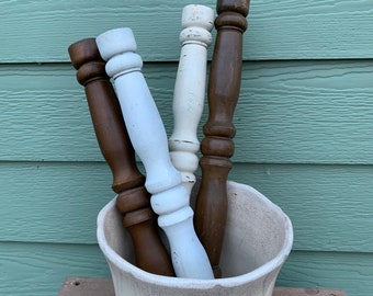 Chippy white brown spindles architectural salvage set crackle shabby chic ivory cream fancy decorative chair leg