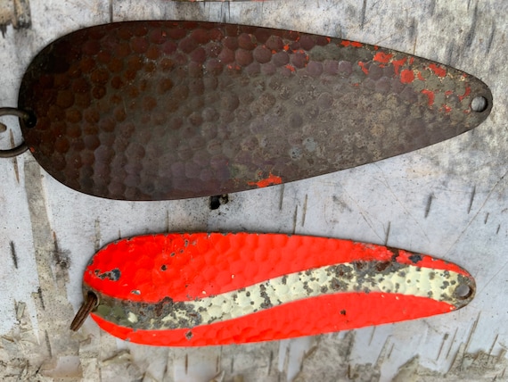 Lot De 3 Cuillères De Pêche Vintage - Métal, Rayures Rouges, Leurres Anciens