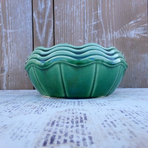 May include: A green ceramic planter shaped like a seashell with a wavy rim.