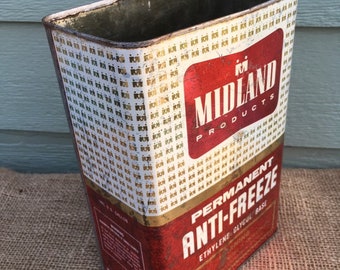 Midland products anti-freeze retro tin can bin gold red pattern advertising metal storage box garage man cave rectangular tall vintage