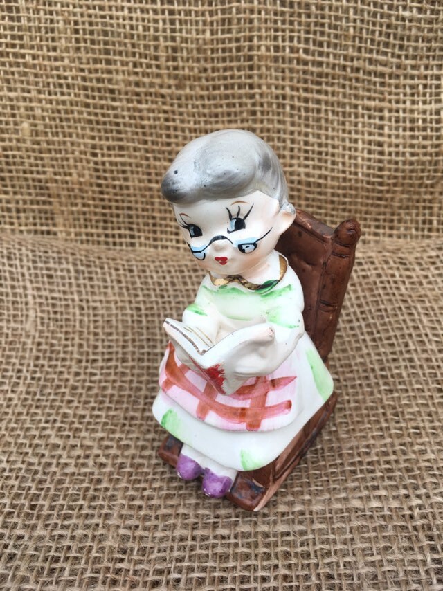Grandma salt shaker pepper vintage rocking chair reading book Etsy