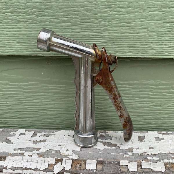 Watering Gun Hose Nozzle Vintage Sprayer Garden Silver Hand Handheld Metal Retro Chrome Plated Rustic RC