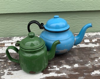 Enamel Tea Pot Set Blue Green Enamelware vintage retro metal old kitch retro metal shabby darling Teapot enameled primitive small medium