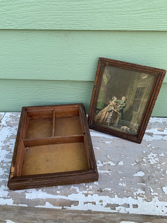 Wood framed jewelry box carved vintage Victorian e