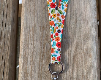 Fabric Keychain Lanyard Badge Long Neck Clip On Key Ring Holder Red Yellow Bright Pattern Modern Floral Girl Flower Women’s Strap