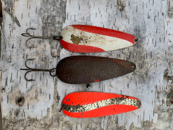 Fishing Lure Set Daredevil Spoon Lot Fish Old Antique Vintage Cabin Metal  Red White Flash Bait Aqua Pike USA S Minneapolis MN Nebco 66 -  UK