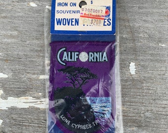 California Patch Souvenir Lone Cypress Tree Tourist Collectible Purple Metallic Fabric Iron On Woven State Destination West Coast Vacation