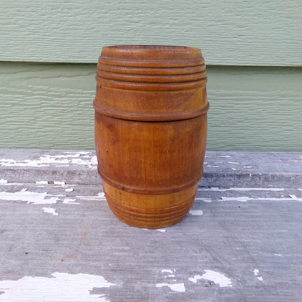 Barrel Cigar Box Spice Pot Jar Antique Carved Lid Hollow Storage Primitive Antique Round Wood Wooden Turned Humidor Container Ribbed
