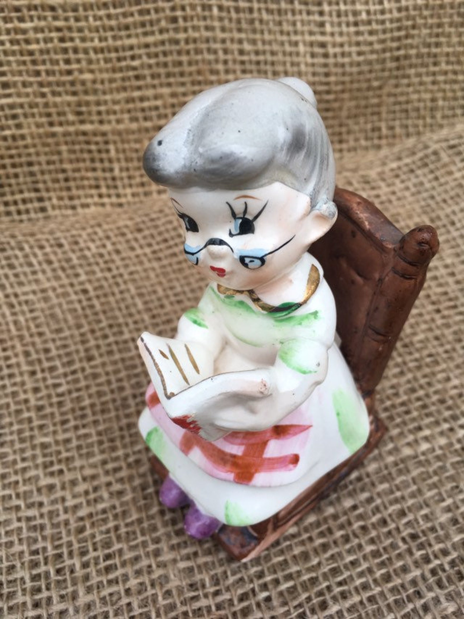 Grandma salt shaker pepper vintage rocking chair reading book Etsy